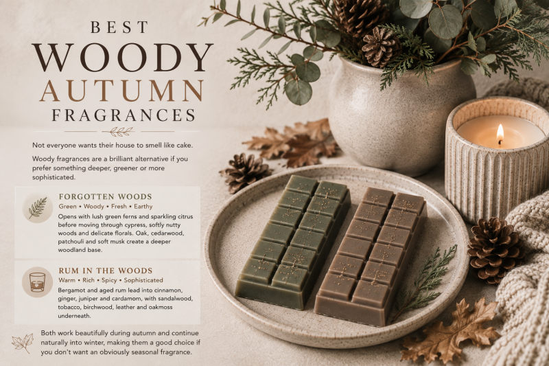 Woody autumn wax melts inspired by oak, cedarwood, forest ferns and warm woodland fragrances