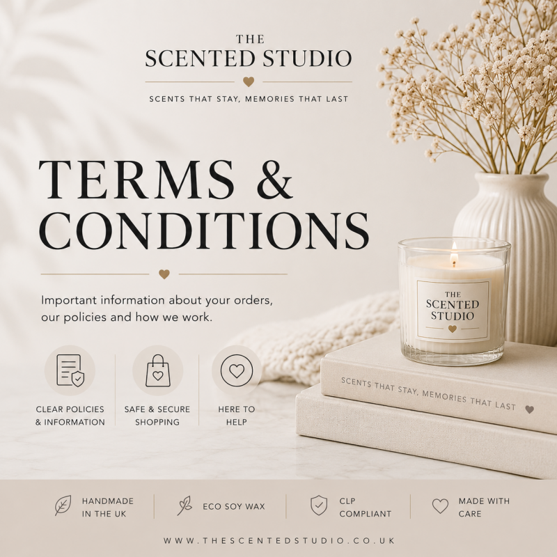 The Scented Studio terms and conditions covering orders, payments, delivery, returns and online shopping policies.