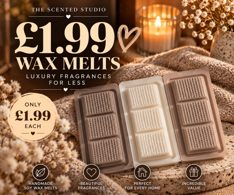 Handmade soy wax melts by The Scented Studio in neutral knitted-effect clamshells, promoting the limited £1.99 wax melt offer