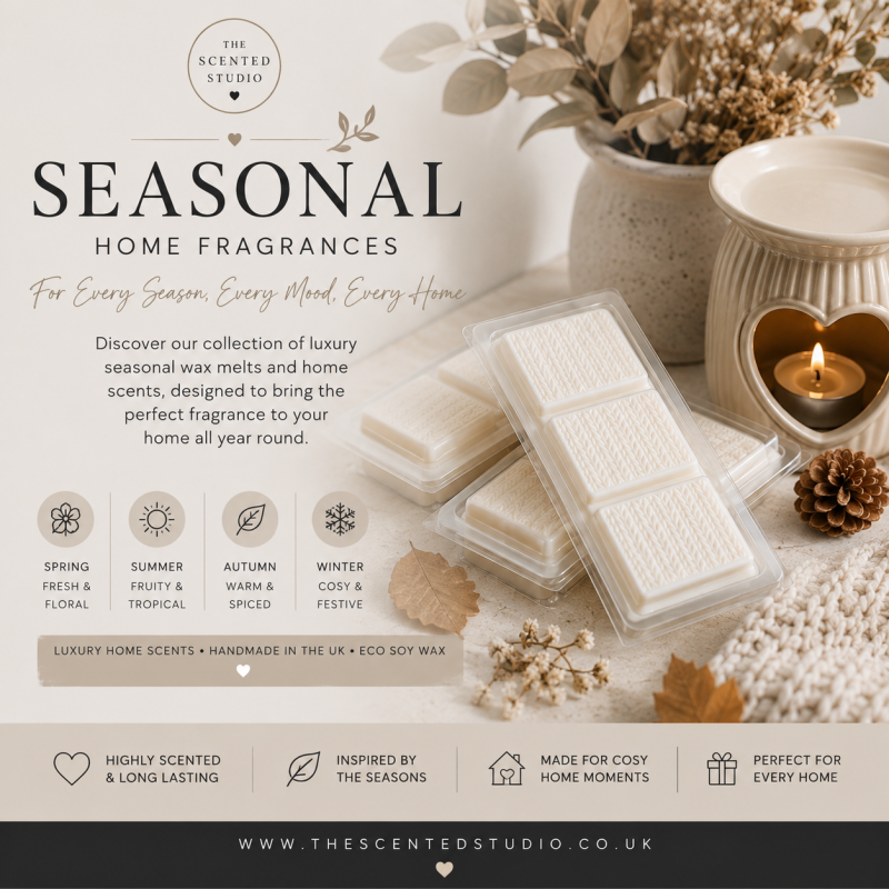 Seasonal wax melts and home fragrance from The Scented Studio, featuring spring, summer, autumn and winter inspired scents handmade in the UK