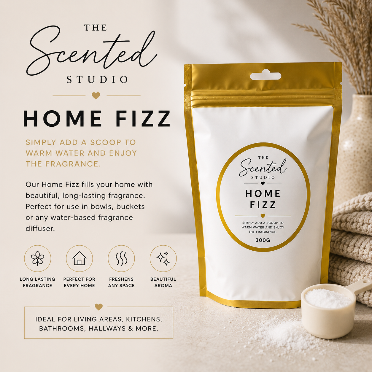 The Scented Studio 300g Home Fizz in a white and gold resealable pouch, fragranced powder for adding to warm water to freshen the home.
