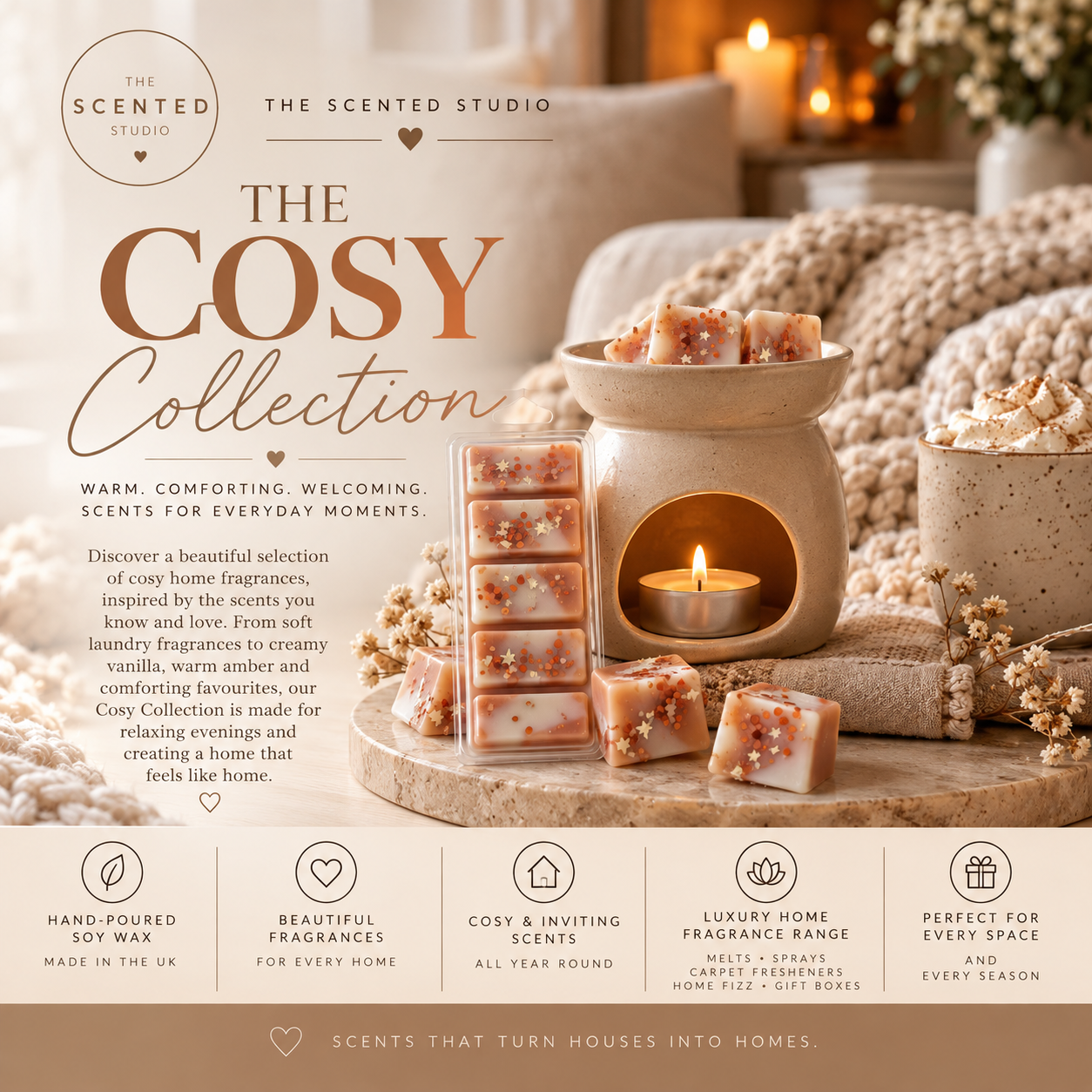 Home Comforts wax melts and home fragrance collection from The Scented Studio featuring cosy, warm, clean and comforting scents for a beautifully fragranced home.