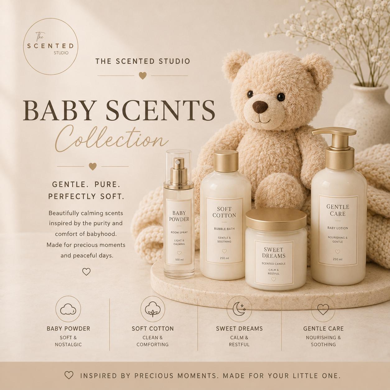 "Baby Scents collection image – soft baby powder gentle home fragrance – The Scented Studio"