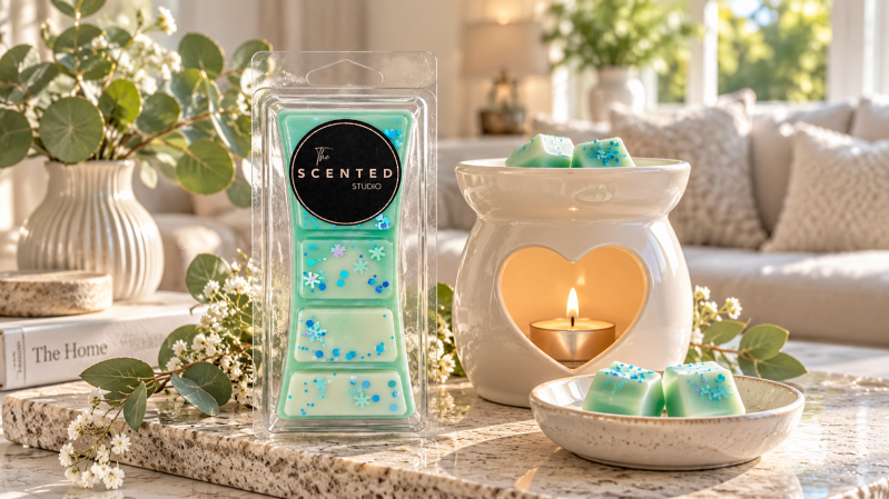 The Scented Studio mint-green handmade wax melts beside a ceramic burner in a stylish living room, showing how to fragrance your home.