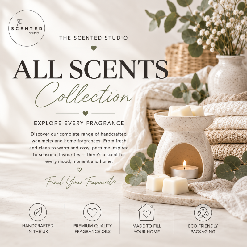 The Scented Studio All Scents Collection featuring handmade wax melts and home fragrances with a wax burner in a neutral home setting.