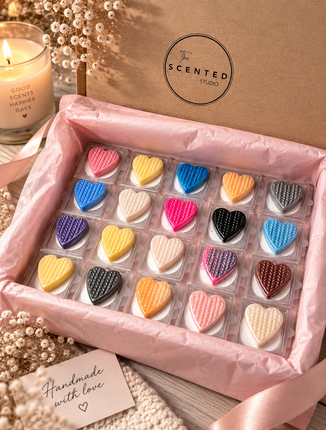 💛 Heart-Shaped Wax Melt Sample Box – 20 Wool Heart Clams