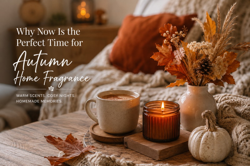 A cosy autumn living room with warm neutral décor, a knitted blanket, amber candle, ceramic mug, dried autumn foliage, pumpkins and soft candlelight, creating a welcoming seasonal home atmosphere.