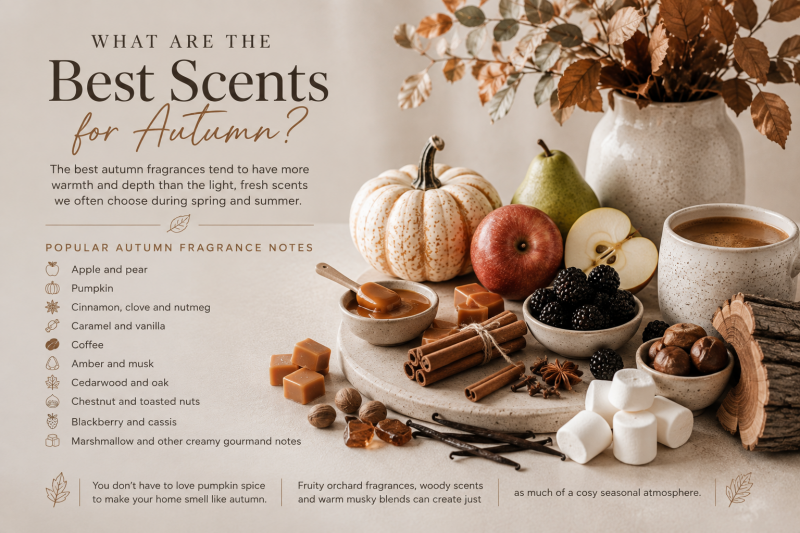 Popular autumn fragrance notes including apple, vanilla, amber, woods and warming seasonal scents