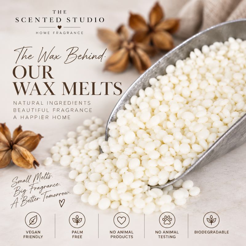  KeraSoy soy wax pellets in a metal scoop for The Scented Studio wax melts, vegan-friendly, palm-free and biodegradable, with no animal products or animal testing.