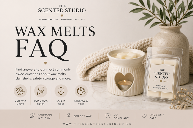 The Scented Studio Wax Melts FAQ with handmade soy wax melts and information about usage, safety, orders and delivery.