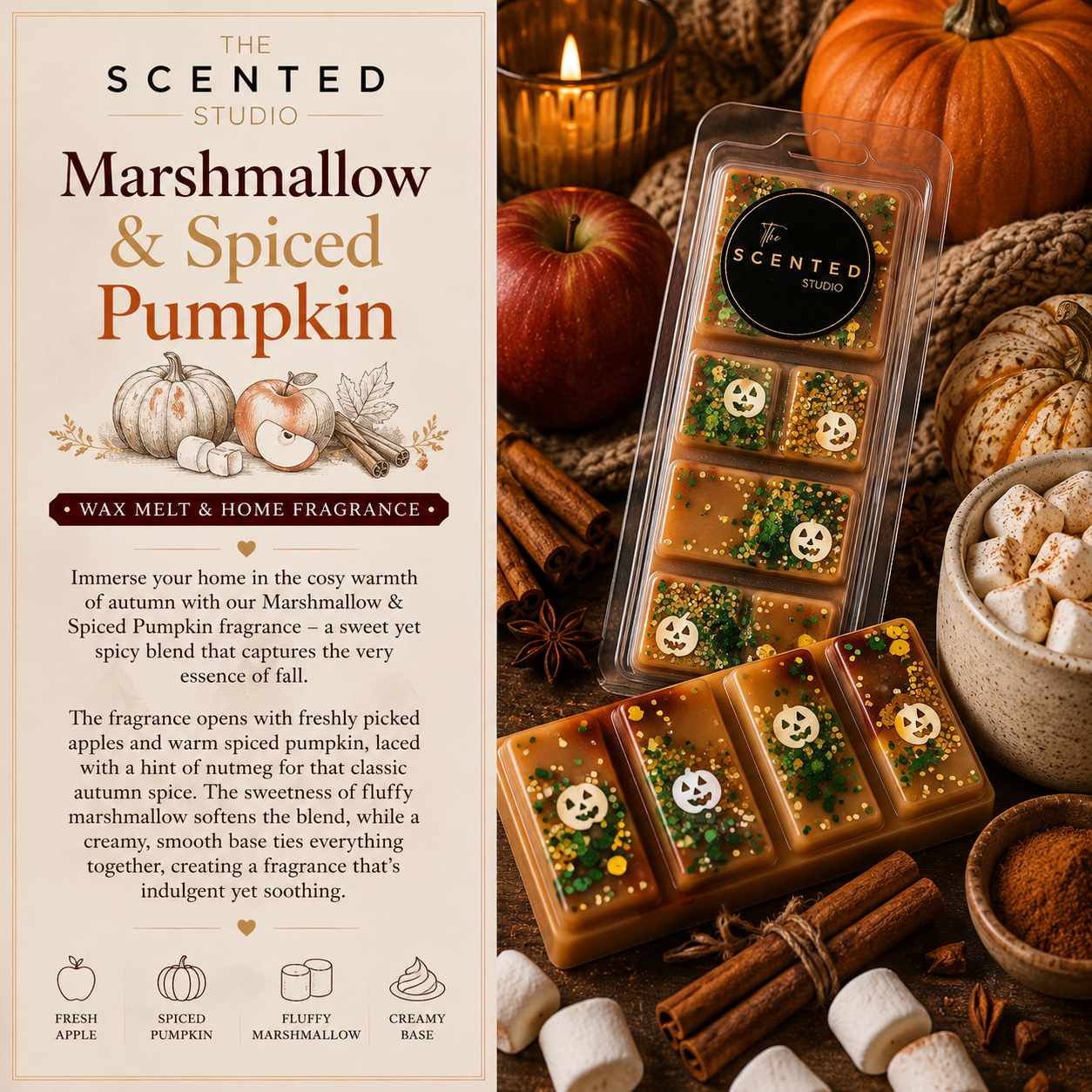 Marshmallow & Spiced Pumpkin Wax Melt & Home Fragrance – Autumn Apple, Nutmeg & Pumpkin Scent