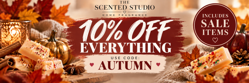 The Scented Studio autumn sale banner offering 10% off everything, including sale items, with code AUTUMN.
