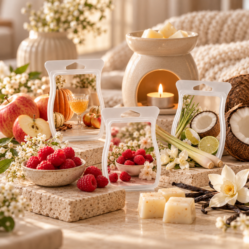 Luxury Scentsy inspired home fragrance collection featuring wax melt packaging, fresh fruit, vanilla, botanicals and a ceramic wax warmer at The Scented Studio. One small consideration: using Scentsy in your collection title and fragrance comparisons can 
