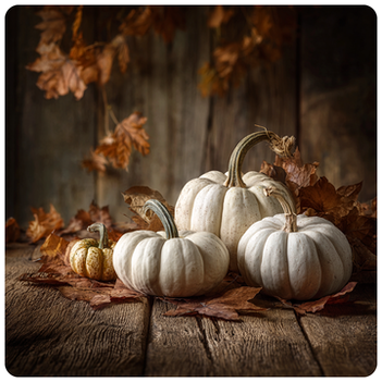 Autumn Woods & Pumpkin wax melts displayed with pinecones, pumpkins, and rustic autumn leaves