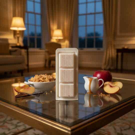 Golden Apple Crumble handmade soy wax melt by The Scented Studio in an ivory knitted-effect clamshell, styled with warm apple crumble and cosy home accessories.