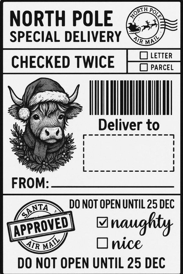 Highland Cow Air Mail Label – Printable 4x6 Christmas Gift Tag (Instant