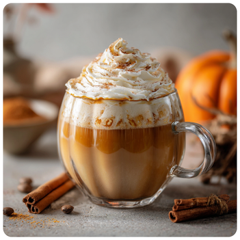 Spiced Pumpkin Latte wax melts from The Scented Studio styled with a mug of coffee and cosy autumn dΓ©cor