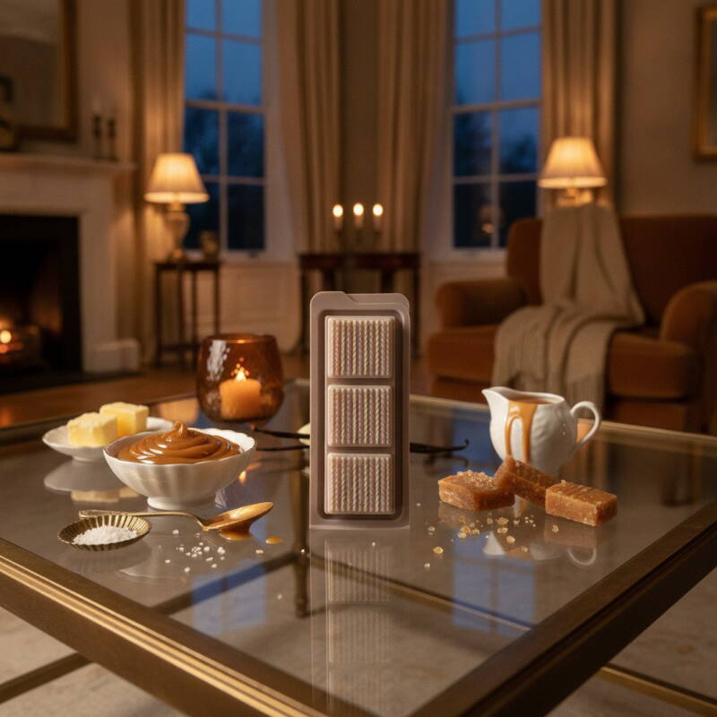 Salted Toffee Dream handmade soy wax melt by The Scented Studio, displayed with creamy caramel treats in a warmly lit luxury living room.