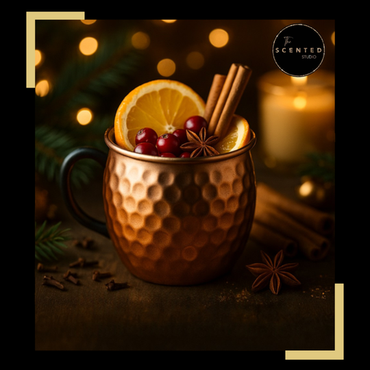 “Cranberry, ginger beer and winter citrus wax melt with copper mug, star anise and glowing bokeh lights.”