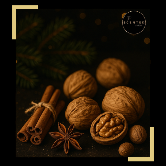 “Warm orange, ginger and walnut winter spice wax melt with whole walnuts and cinnamon sticks.”