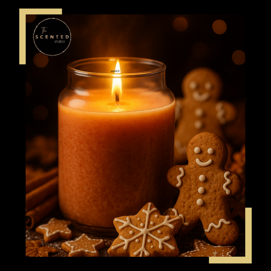 “Warm gingerbread cookie wax melt with gingerbread man, spiced cookies and cosy golden lights.”
