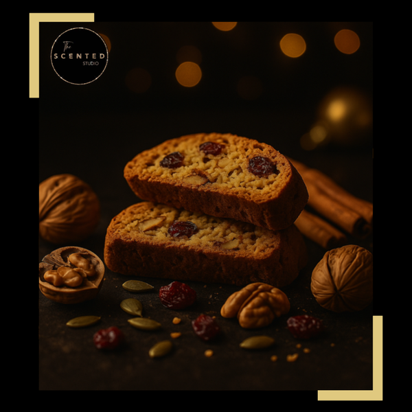 “Nutty walnut biscotti wax melt with toasted walnuts, spices and warm dark background.”