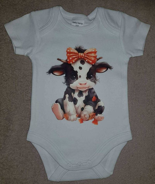 Cow With A Bow Baby Short Sleeve Bodysuit