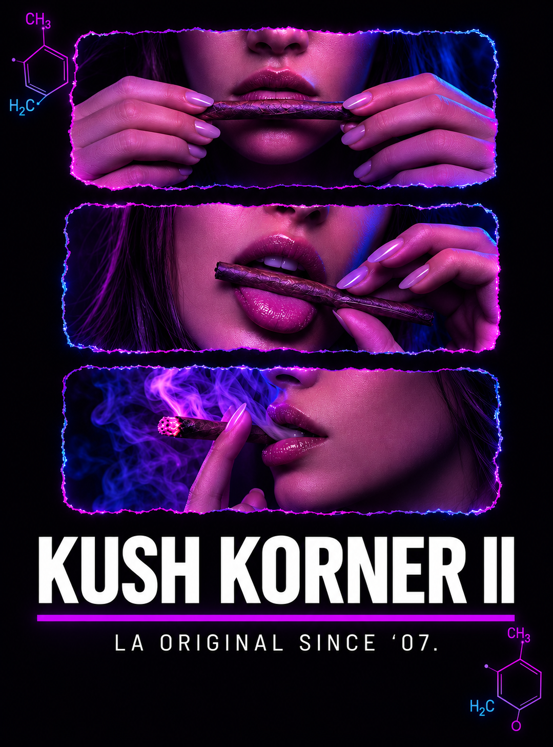 Ad for Kush Korner II showing a woman rolling and smoking a joint