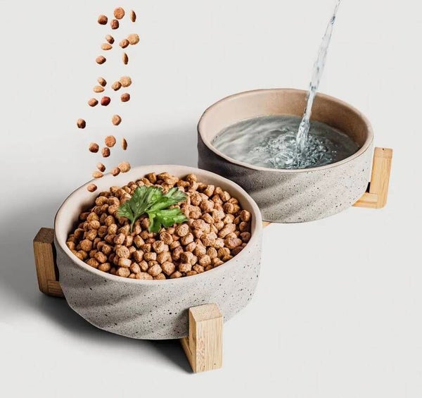 ne&no® - Keramische dubbele voerbak - Antislip - Bamboestandaard - Voerbak voor katten en honden