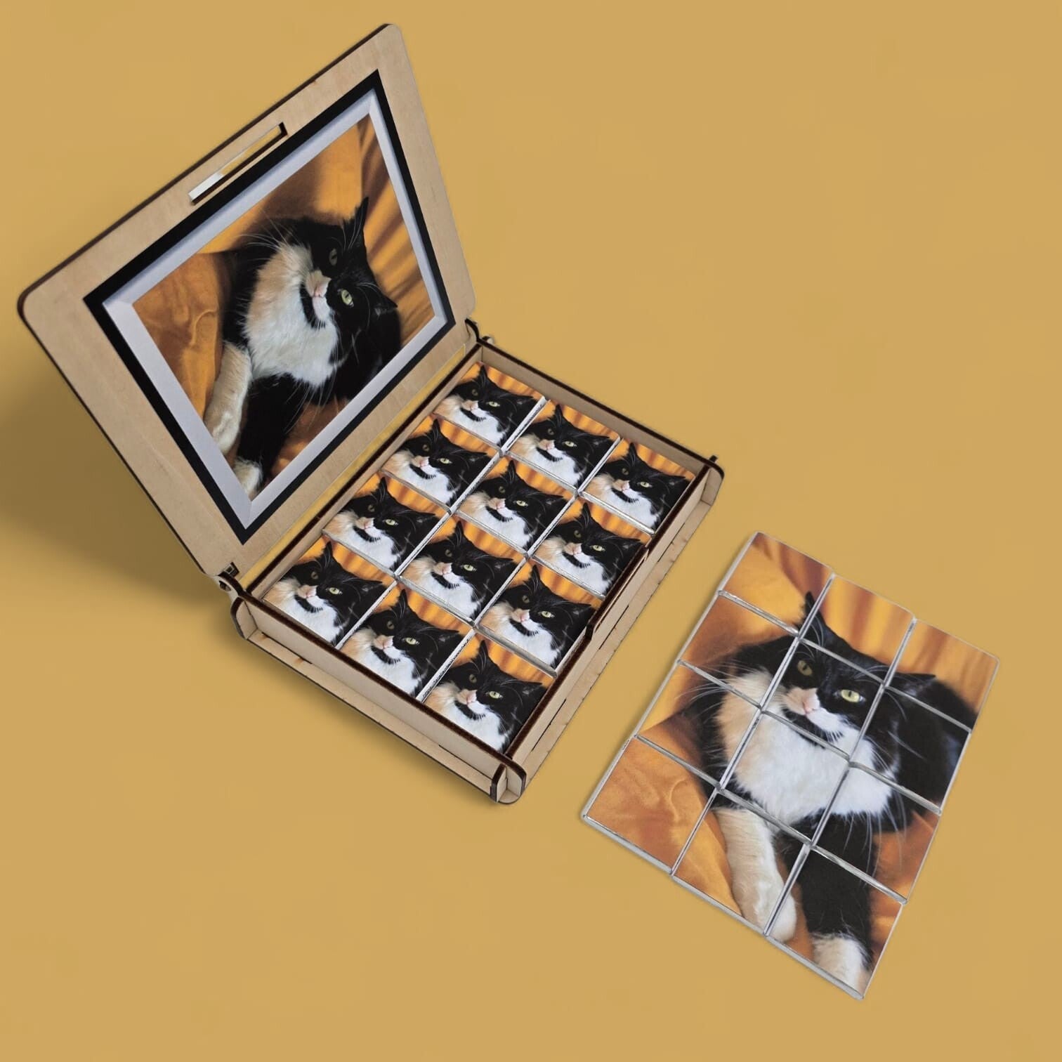 Coffret "RUSTIQUE" en bois de tilleul garnit de 24 chocolats personnalisés (format photo portrait).