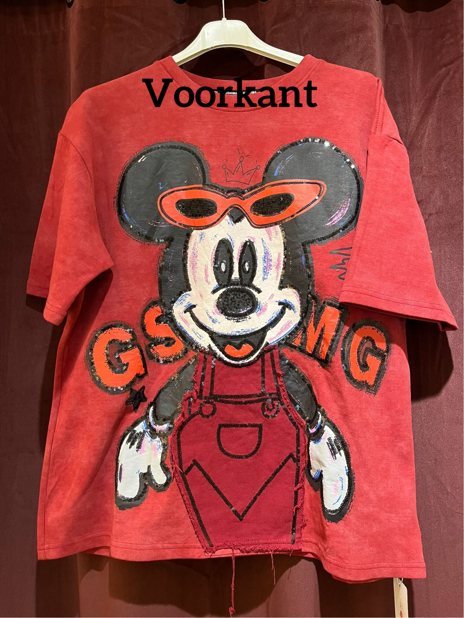 T-shirt Mickey - Rood  (handwerk met pailletten)