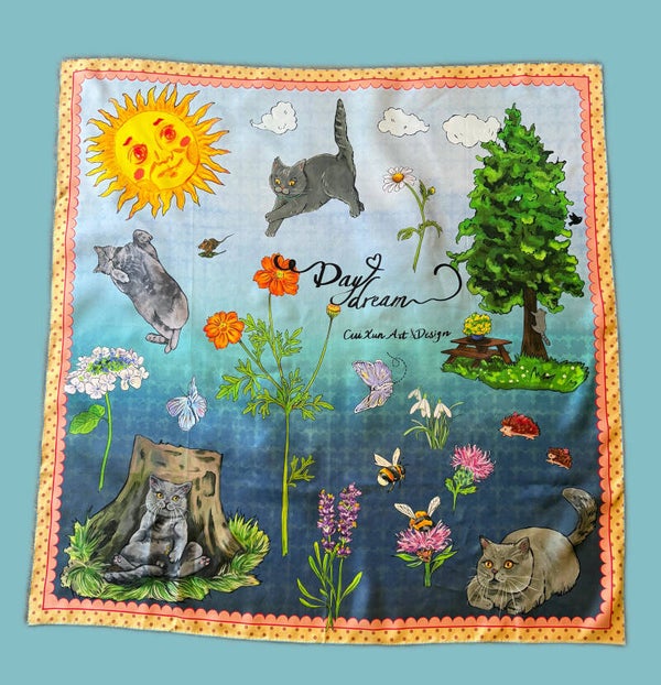 <Day Dream-blue> 110 x 110 cm, 100 % Silk