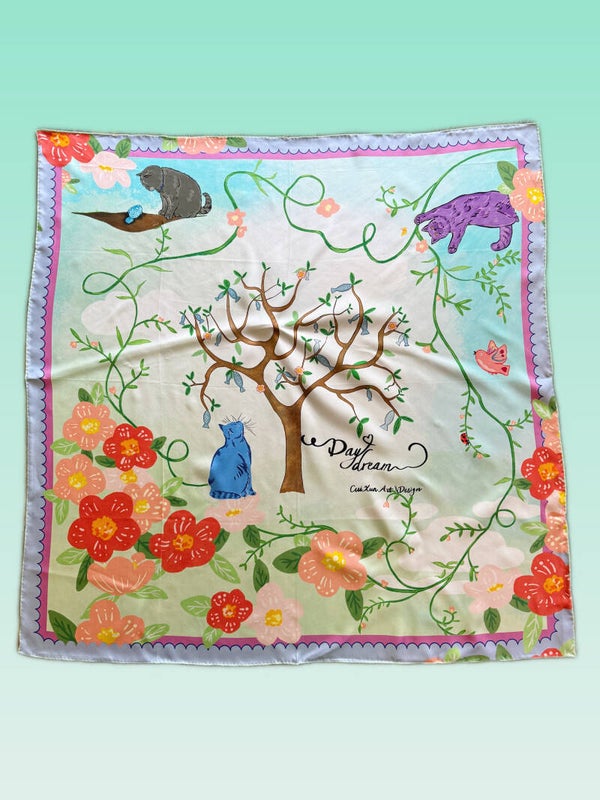 <Day Dream-fish tree blue> 87x 87cm, 100 % Silk