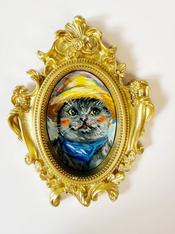 Acrylic painting on wooden board <Van Gogh Cat>