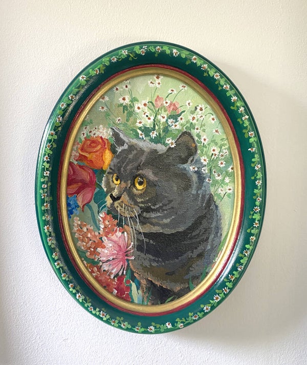 Cat Portrait 20x25cm Acrylic on canvas board with hand painted frame