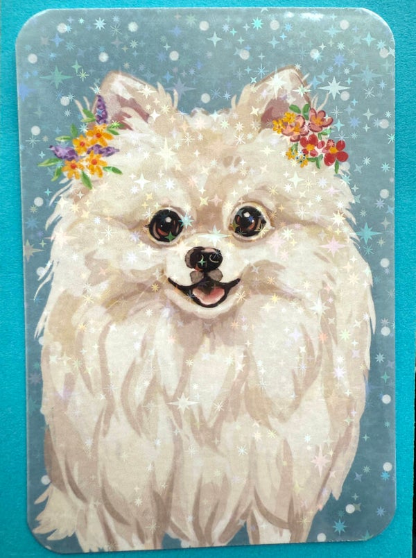 mini glitter card with envelope <White Pomeranian>