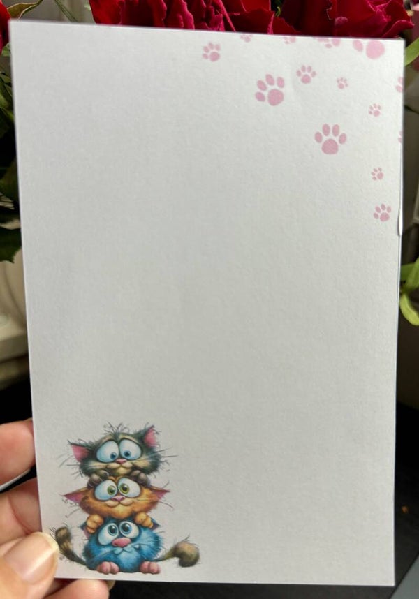 Whimsical Cats Notepad (4x6") - Cat Pink Paw Prints