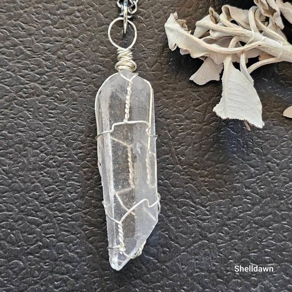 Clear Quartz Wire Wrapped Crystal Necklace, handmade