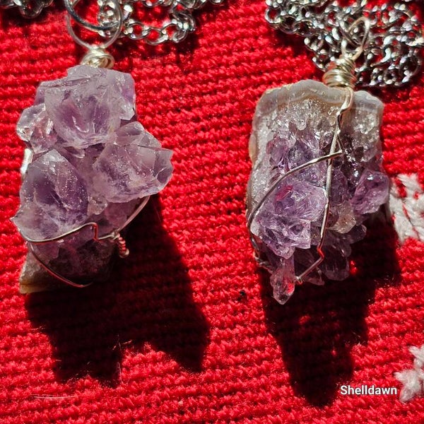Amethyst Cluster Small Wire Wrapped Pendant on Stainless Steel Chain