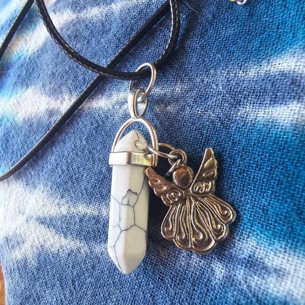 White Howlite Point Crystal with Angel Charm