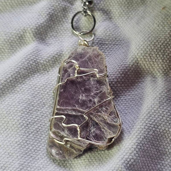 Lepidolite Wire Wrapped Handmade Pendant on Stainless Steel chain