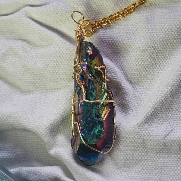 Titanium Aura Quartz Wire Wrapped Pendant Handmade