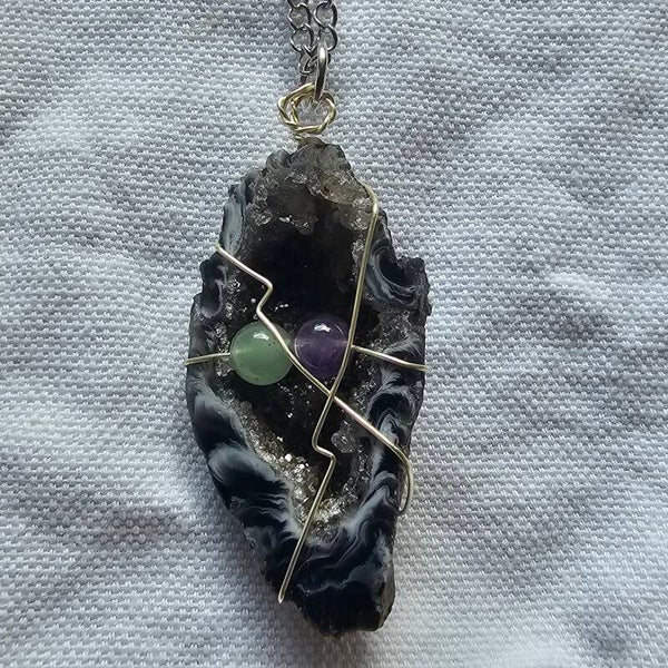 Geode with Fluorite and Amethyst bead Pendant handmade