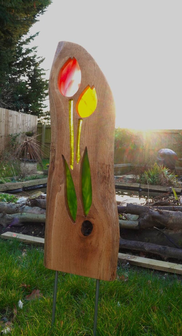 Beautiful Oak Sculpture of 2 Fused glass tulips