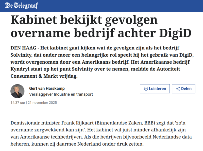 Kop De Telegraaf Kabinet bekijkt gevolgen overname bedrijf achter DigiD