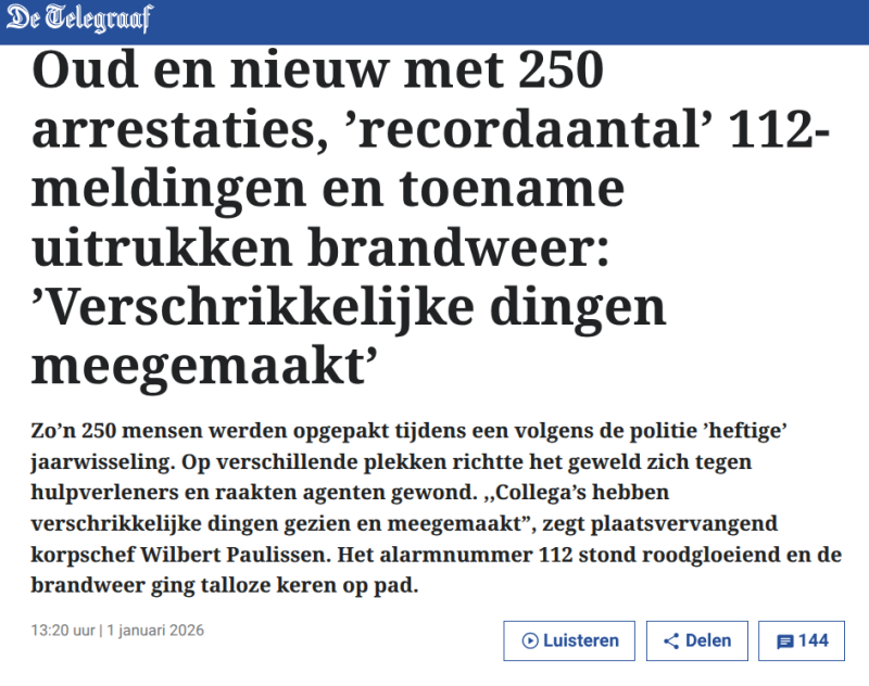 Kop De Telegraaf Oud en nieuw 250 arrestaties, recordaantal 112-meldingen en toename uitrukken brandweer: Verschrikkelijke dingen meegemaakt