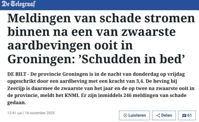 Kop De Telegraaf Meldingen van schade stromen binnen na een van zwaarste aardbevingen ooit