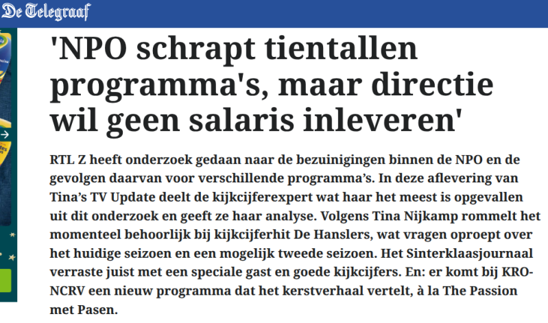 Kop De Telegraaf NPO schrapt tientallen programma's
