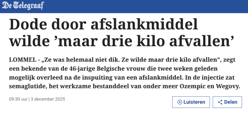 Kop De Telegraaf Dode door afslankmiddel wilde 'maar drie kilo afvallen'