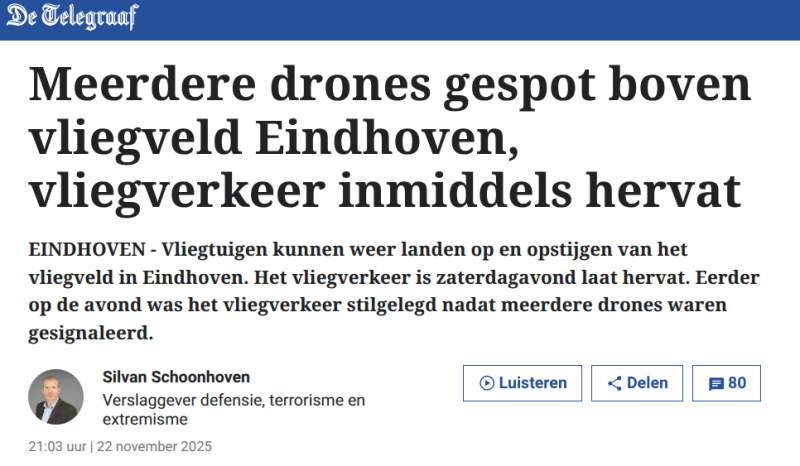 Kop De Telegraaf Meerdere drones gespot boven vliegveld Eindhoven